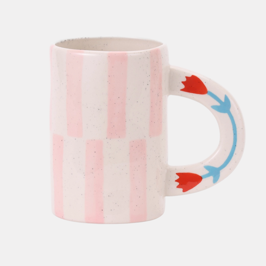 Pink Checkered + Tulip Handle Ceramic Mug