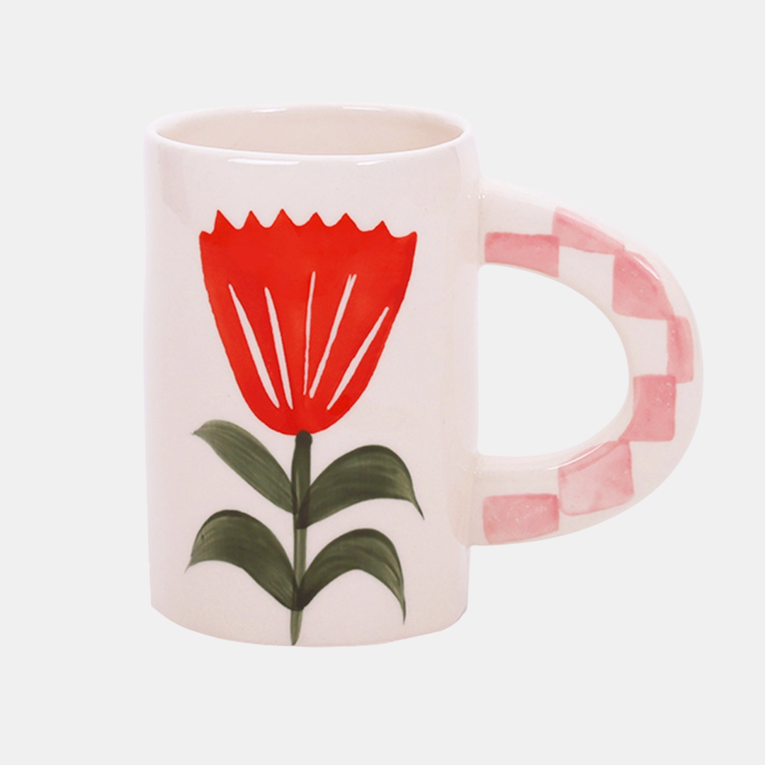 Tulip + Pink Checkered Handle Ceramic Mug