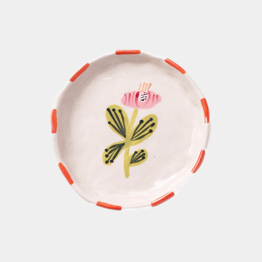 Orange Rim + Pink Flower Ceramic Plate