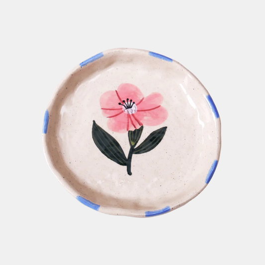 Blue Rim + Pink Flower Ceramic Plate