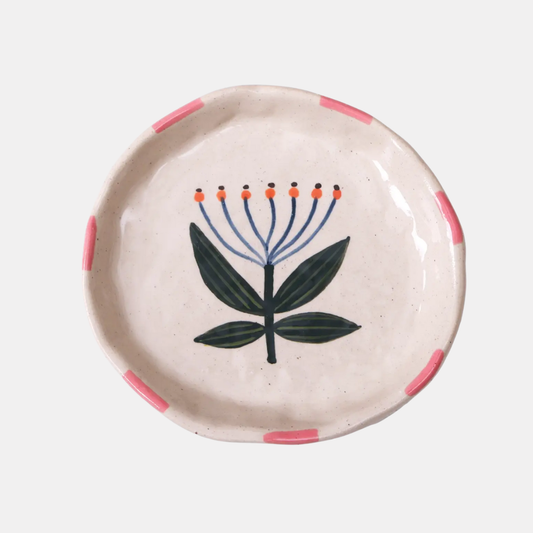 Pink Rim + Blue Flower Ceramic Plate
