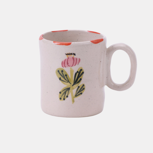 Orange Rim + Pink Flower Mini Ceramic Mug